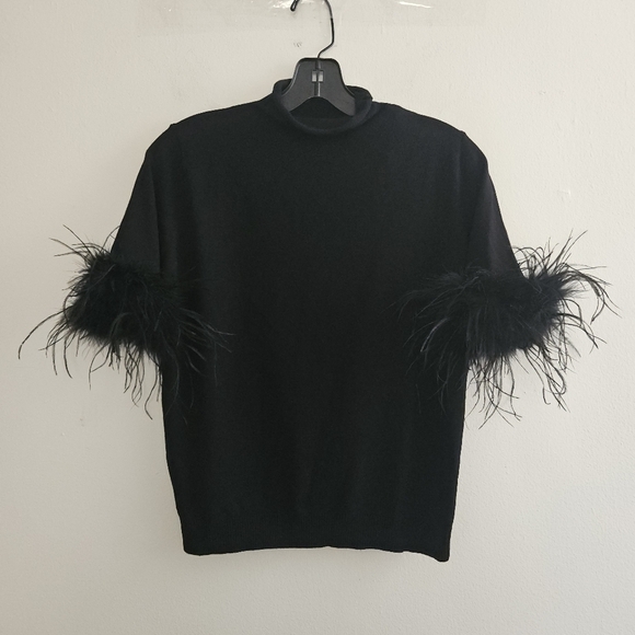 TWINSET MILANO MOCK NECK FEATHER SHORT SLEEVE BLACK SHIRT SIZE SMALL - Picture 6 of 15